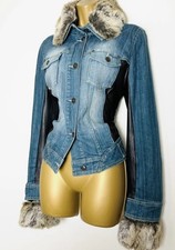 Karen Millen Denim, Leather, Vintage Faux Fur Collar and Cuffs Size 12 UK