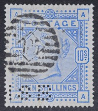 GB SG183 QV 1883 10/- Ultramarine, Perfin, White Paper, AA, Fine Used