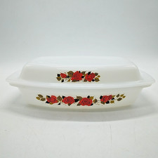 Retro/Vintage Phoenix Opalware Red Rose Lidded Roasting Dish 12" X 8" Milk Glass