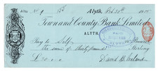 TOWN AND COUNTY BANK LIMITED - ALYTH Branch 1899 cheque.