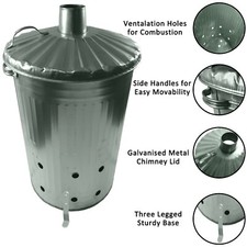 90L GALVANISED INCINERATOR FIRE BIN GARDEN PAPER RUBBISH LEAVES BURNER