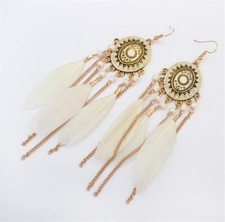 Gypsy Boho Tribal Earrings Gold Chandelier Tassel - Pierced or Clip On Feather