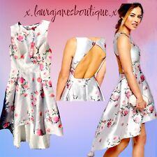 Chi Chi London SIZE 14 Silver Pink Rose Prom Dip Hem Backless Dress BNWT.