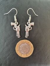 Ladies Silver Cowboy Western Gun Hook Earrings Revolver Pistol Weapon Movies