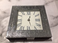 Mirror & Glitter Framed Mantle Clock Battery Operated Freestanding Silver