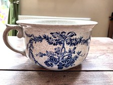 Vintage Painted Blue and White Chamber Pot with Handle Very Good Condition