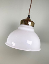 Vintage Opaline White Glass Dome Lampshade Ceiling Pendant Light Brass