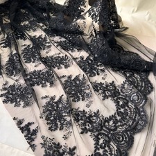 Shimmer Sequined Embroidery Lace Fabric Scalloped Edge Floral Lace  