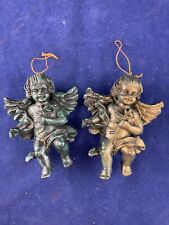 Vintage Christmas Tree Decorations Cherub Angel Pair Cast in Resin Ver di Gris