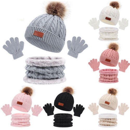 3pc children pompom - hat, scarf