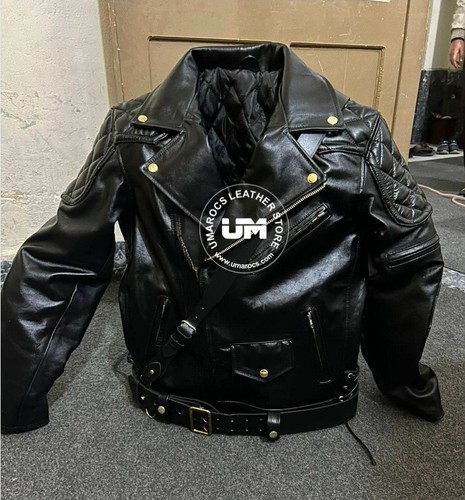 Men black leather biker - men's,