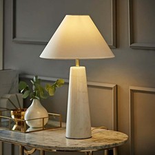 White Marble Base Table Lamp Tapered Linen Lampshade Living Room Bedroom Light
