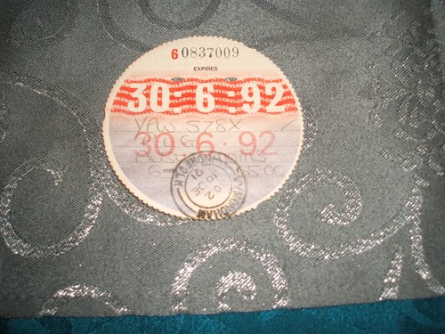 Tax disc 92 - disc...., 30/06/92.....used
