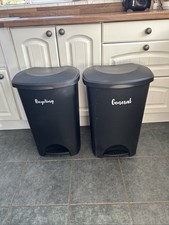 ADDIS Matt Black Pedal Bin Set 50 Litre Waste & Recycling Plastic with Labels 