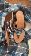 Turquoise Blue Brown Beaded Grill Fringe Tassel Wedge Sandal Shoe