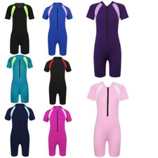 UK Kids Girls Boys One-piece Rash Guard Swimsuit Short Sleeve Zipper Jumpsuit