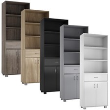 5 Tier Wooden Free Standing Display Cabinet Bookcase Wide Shelves Drawer Storage