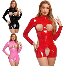 UK Womens Wet Look PVC Leather Leotard Teddy Bodysuit Lace-up Jumpsuit Clubwear