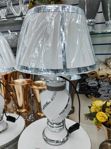 White silver table lamp with - &,