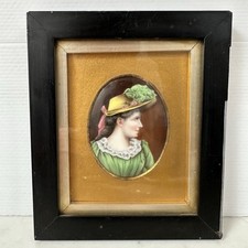 Miniature Portrait Hand-painted Lady Dress Porcelain Green Gown Bonnet Regency M