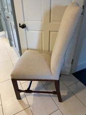 Bespoke upholstered Dining Room chairs in linen with brass studs & mahogany legs