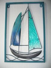 Metal glass wall hanging art work picture decorative sea ocean sailing boat blue