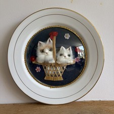 Vintage 3D Diorama Plate Fluffy Kittens/Cats Kitsch Domed Bubble Glass - 10.5"