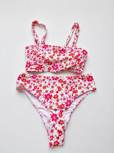 Pink red floral bikini set - pink,