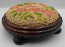 SMALL ROUND FOOTSTOOL DARK WOOD FRAME WITH A FLORAL NEEDLEWORK TOP