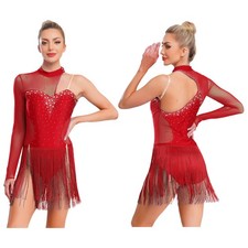 Womens Sequin Fringe Figure Skating Dance Latin Tango Tassel Mini Dress Costume 