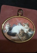 Vintage Peter Bates Miniature A Cosy Family by Leon Huber Gilt Cat Print Plaque