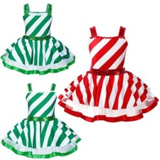 Kids Girls Christmas Candy Cane Costume Figure Ice Skating Dance Leotards Dress