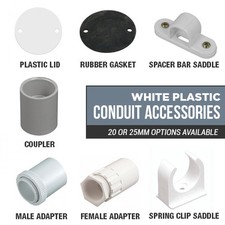 20MM AND 25MM WHITE PLASTIC CONDUIT ACCESSORIES SADDLES ADAPTORS LIDS GASKETS