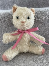 Antique Vintage Pink & White Mohair Ting A Ling Cat Soft Toy W/ Chimes