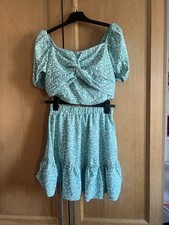 Girls Outfit Age 16 Yrs Shein Teen 2 Piece Crop and Skirt Set Green Floral Vgc