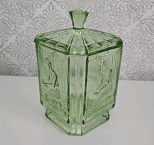 Art Deco Green Glass Lidded 'Pandora's Box' Biscuit Jar by Sowerby