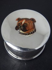 Antique Solid Sterling Silver Enamel Pill Box Pot Birmingham 1911 Pug Dog Design