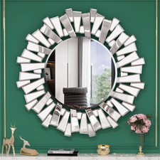 80cm Large Modern Unique 3D Sunburst All Glass Venetian Round Wall Mirror Silver