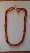 Art Deco Double Strand Red Coral Beaded Necklace with 14k Gold clasp