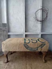 Vintage Deconstructed Hessian Printed Sacking Footstool Stool Rustic Barn Style