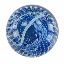 Whitefriars Glass Paperweight Controlled Bubbles Blue Swirl Mid Century