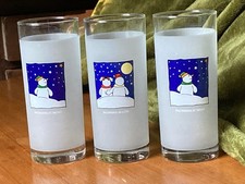 Shhh! xmas! Snowball Drinking Glasses? - Frosted "SNOWMAN" Glass Tumblers x3 vgc