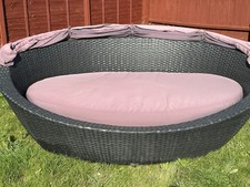 Rattan Daybed Outdoor Patio Lounger Bed Sofa with Canopy & 2 Tables/Footstools