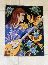 Completed French vintage tapestry  musician playing the lute. Portrait 