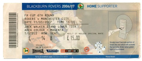 Ticket eng blackburn rovers - rovers, v