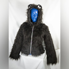 Black Faux Fur Jacket with T eady Bear Ears Size 8-10 Small Fluffy Coat Hoodie