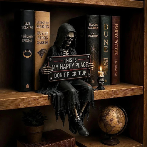 Skeleton statue with sign - skeleton,