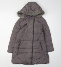 Next Girls Grey Long Puffer Coat, Hooded, Size 7-8 Years