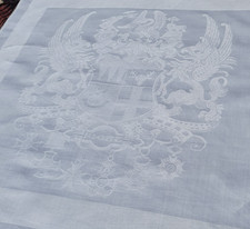 Antique linen double damask napkin, Coat of Arms, FIGHT, laundered, 27"