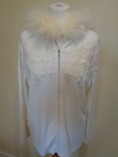 LEO GUY CREAM HOODED ZIPPED JACKET WITH EMBROIDERY AND FAUX FUR TRIM - SIZE 16
